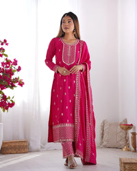 Dark Pink Zari Embroidery & Sequin Chinon Silk Suit