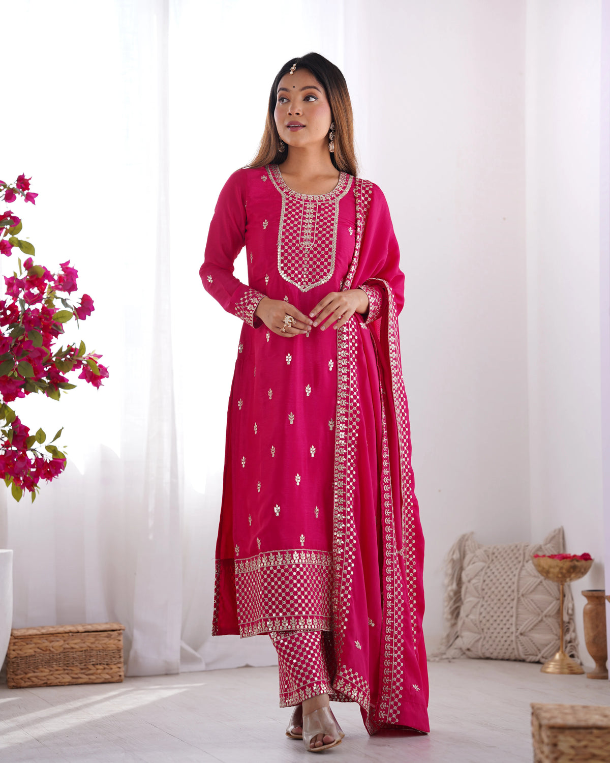 Dark Pink Zari Embroidery & Sequin Chinon Silk Suit