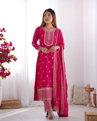 Dark Pink Zari Embroidery & Sequin Chinon Silk Suit
