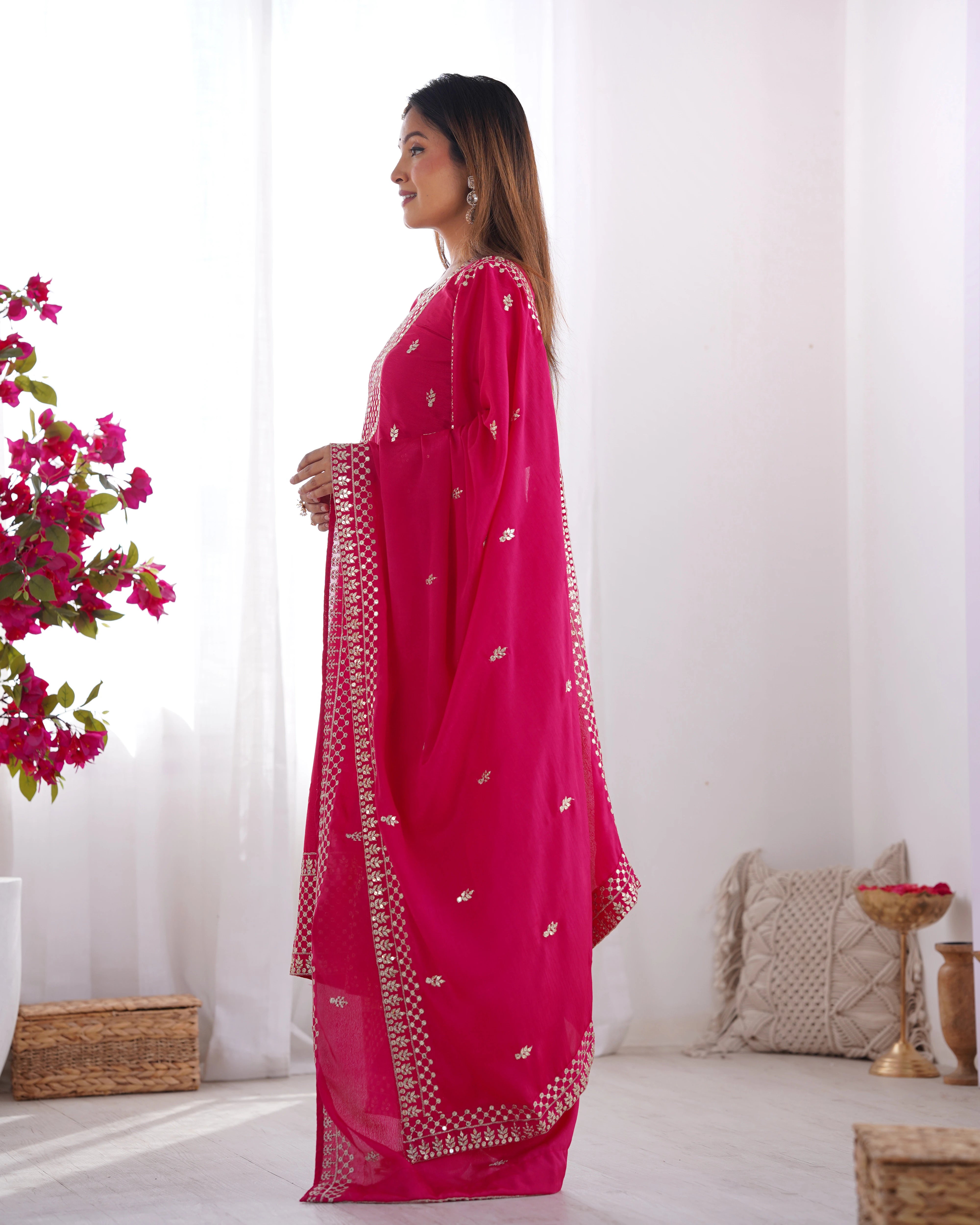 Dark Pink Zari Embroidery & Sequin Chinon Silk Suit