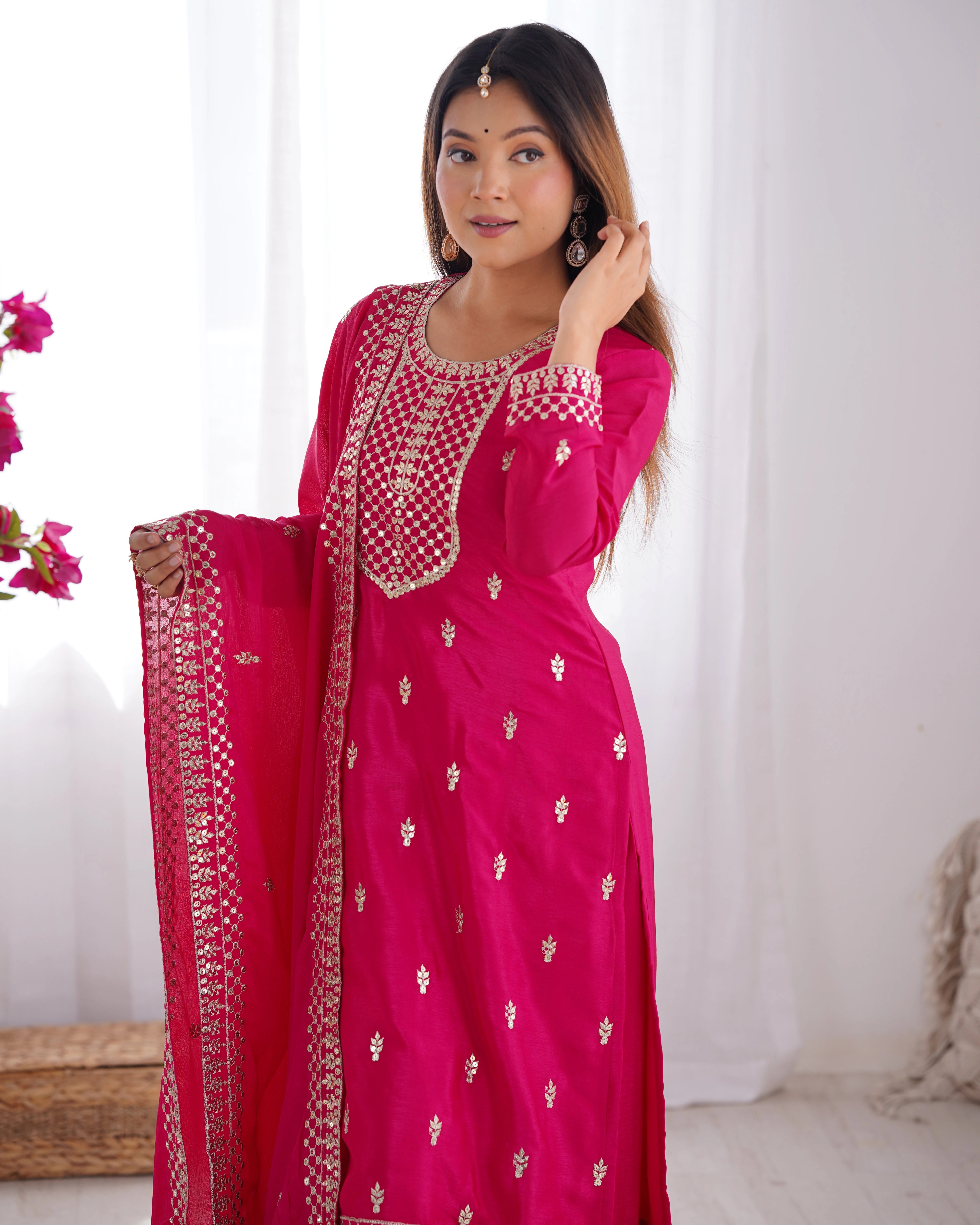 Dark Pink Zari Embroidery & Sequin Chinon Silk Suit