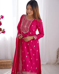 Dark Pink Zari Embroidery & Sequin Chinon Silk Suit