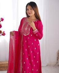 Dark Pink Zari Embroidery & Sequin Chinon Silk Suit