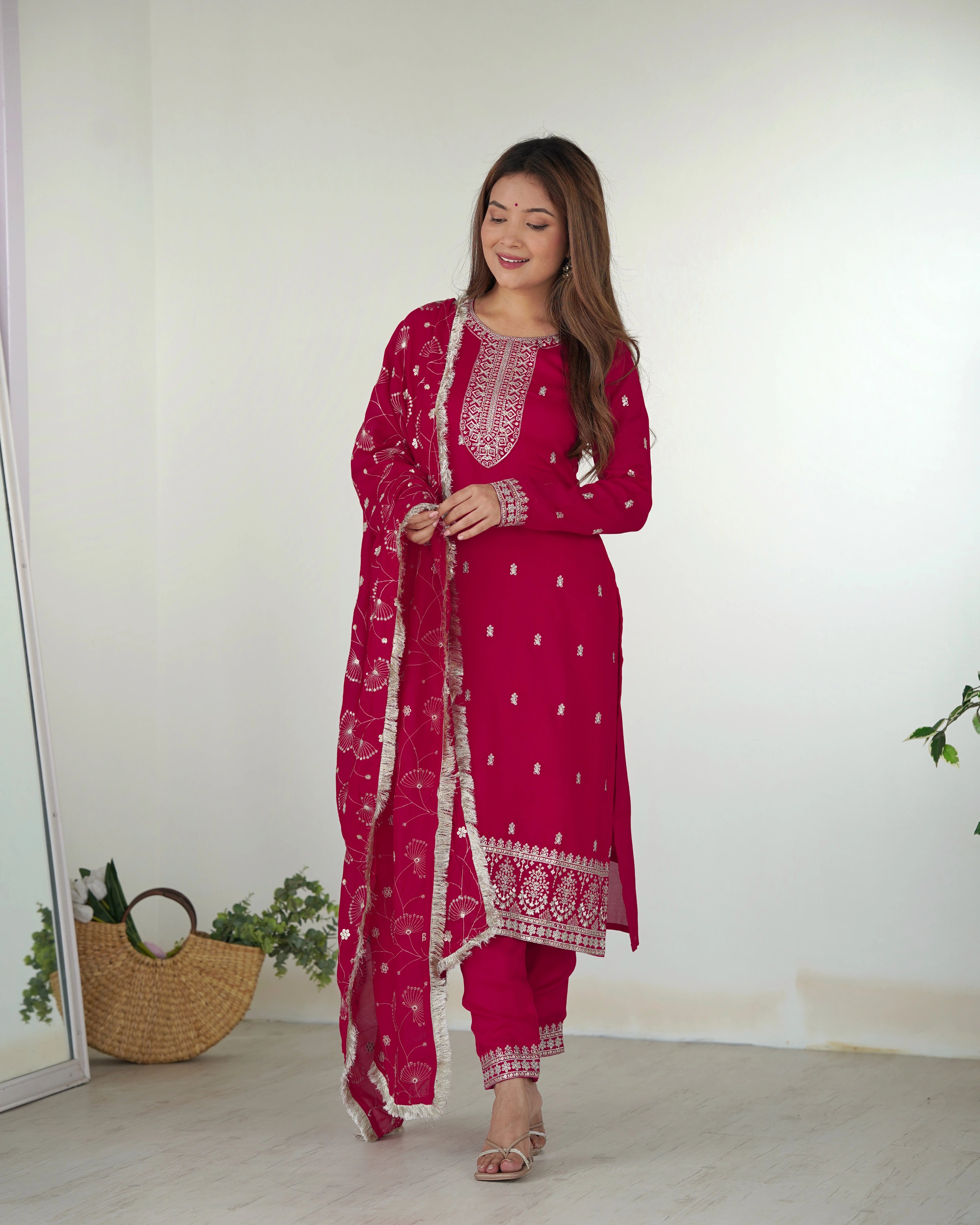 Dark Pink Zari Embroidery & Sequin Work Rangoli Silk Suit