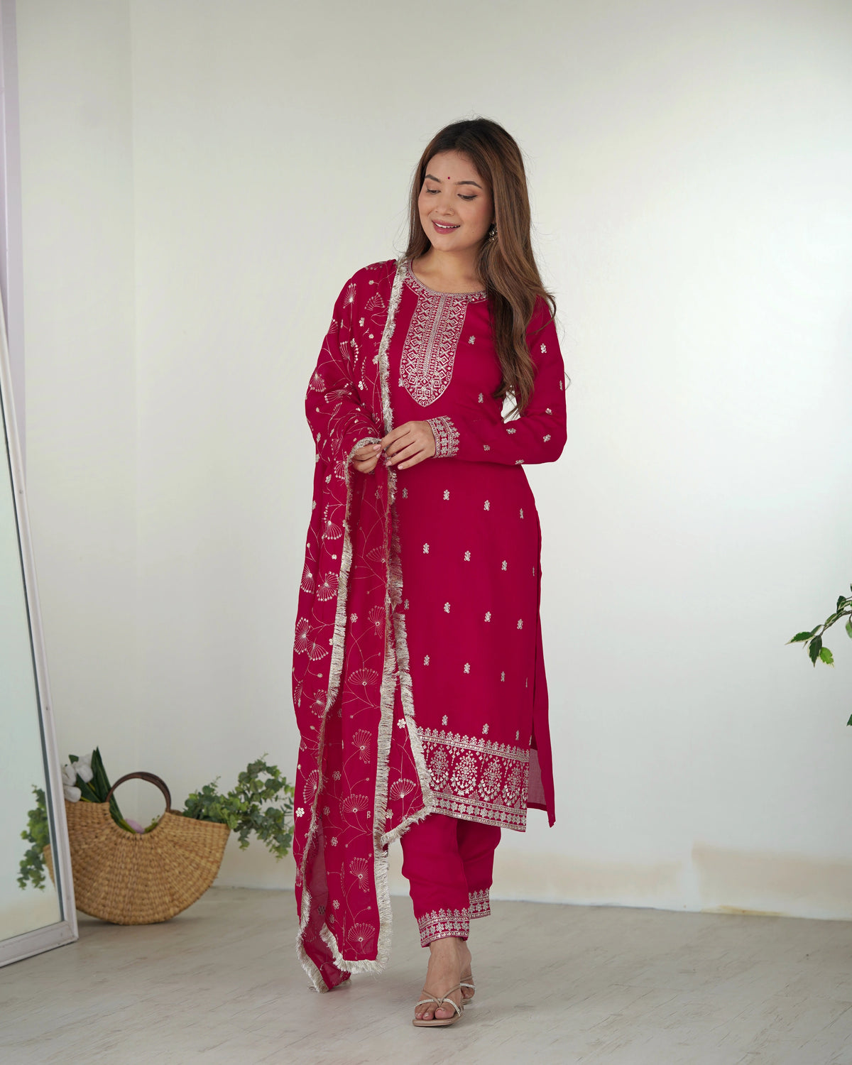 Dark Pink Zari Embroidery & Sequin Work Rangoli Silk Suit - kalyanja