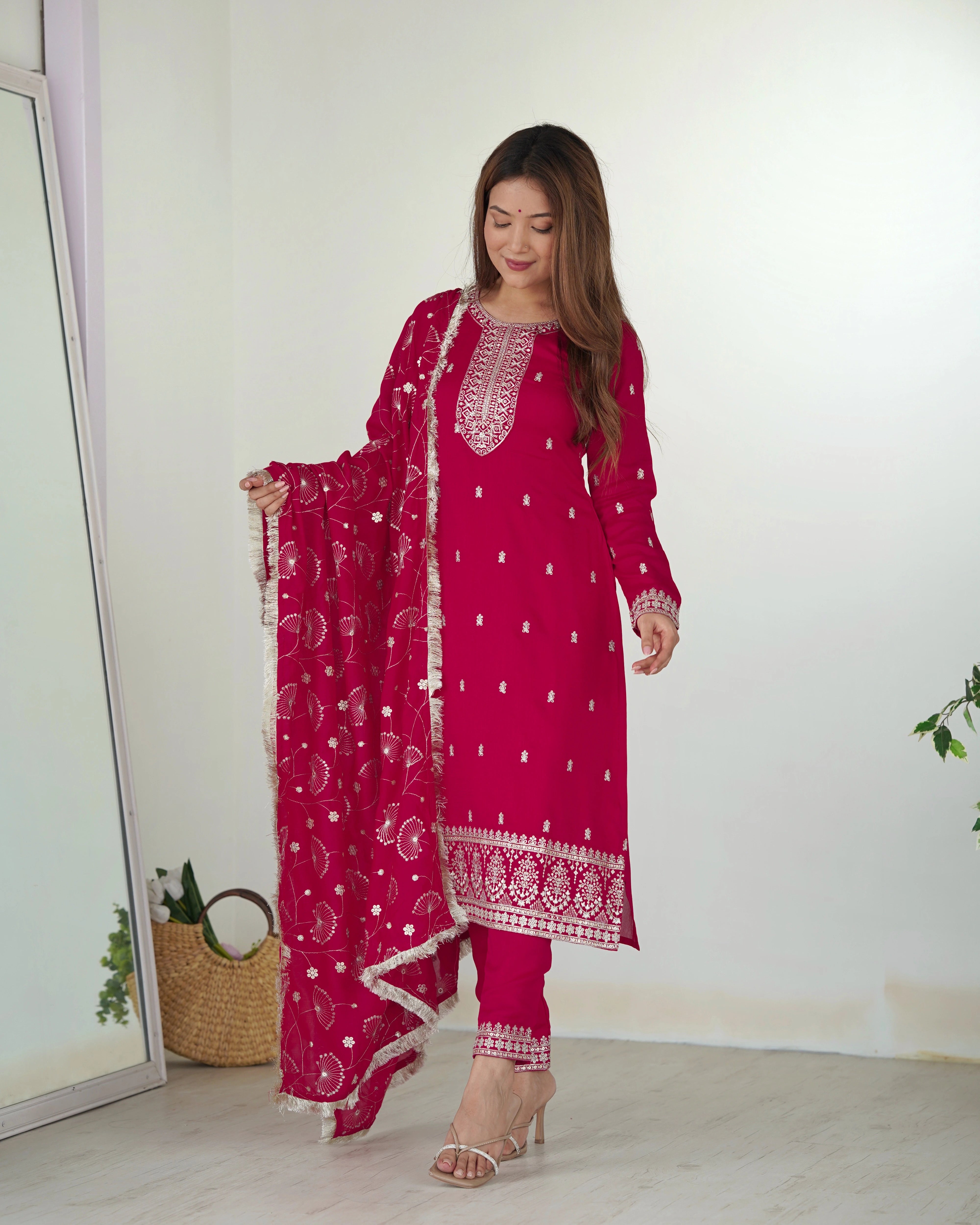 Dark Pink Zari Embroidery & Sequin Work Rangoli Silk Suit