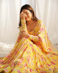 Yellow Floral Printed Fox Georgette Suit