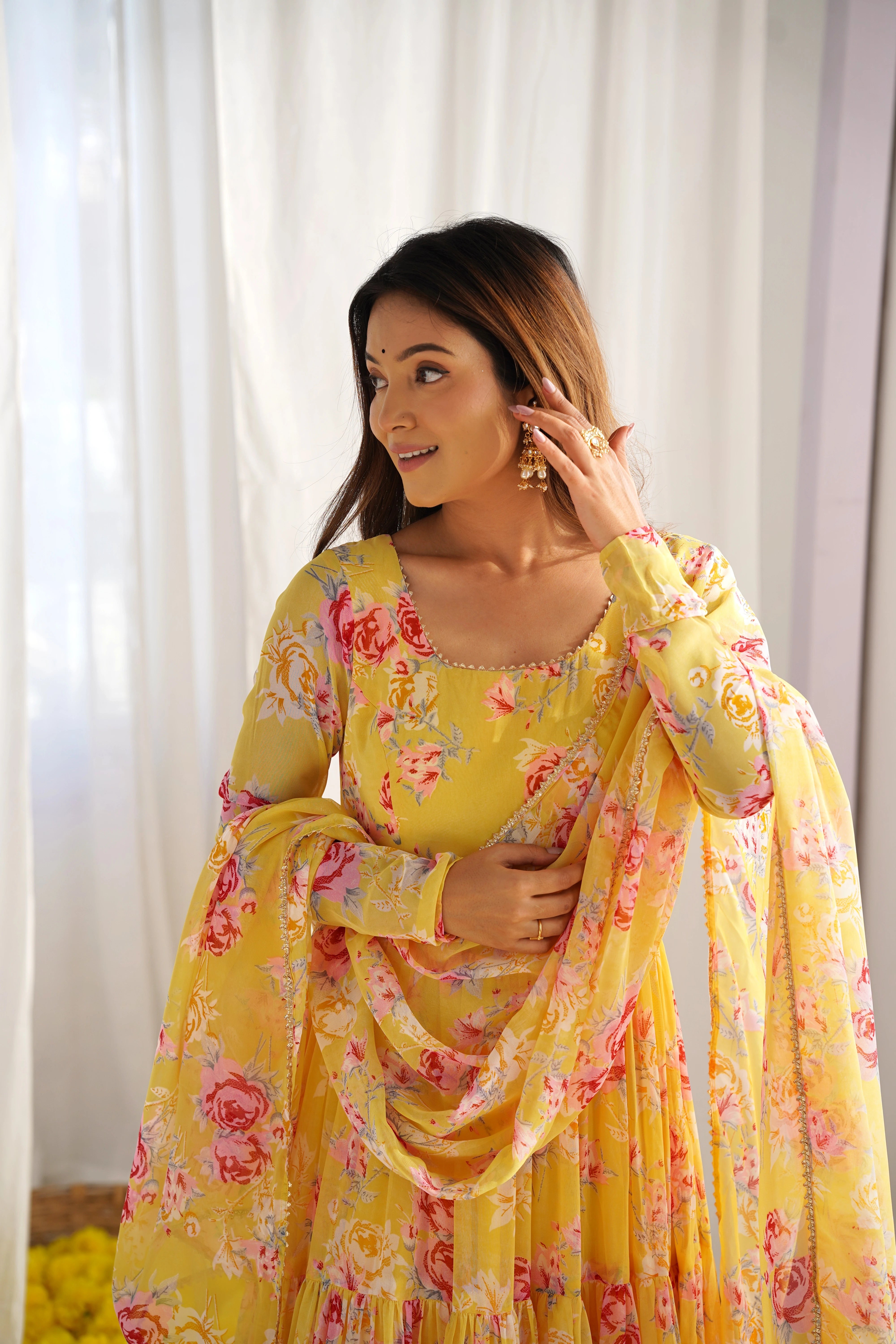 Yellow Floral Printed Fox Georgette Suit