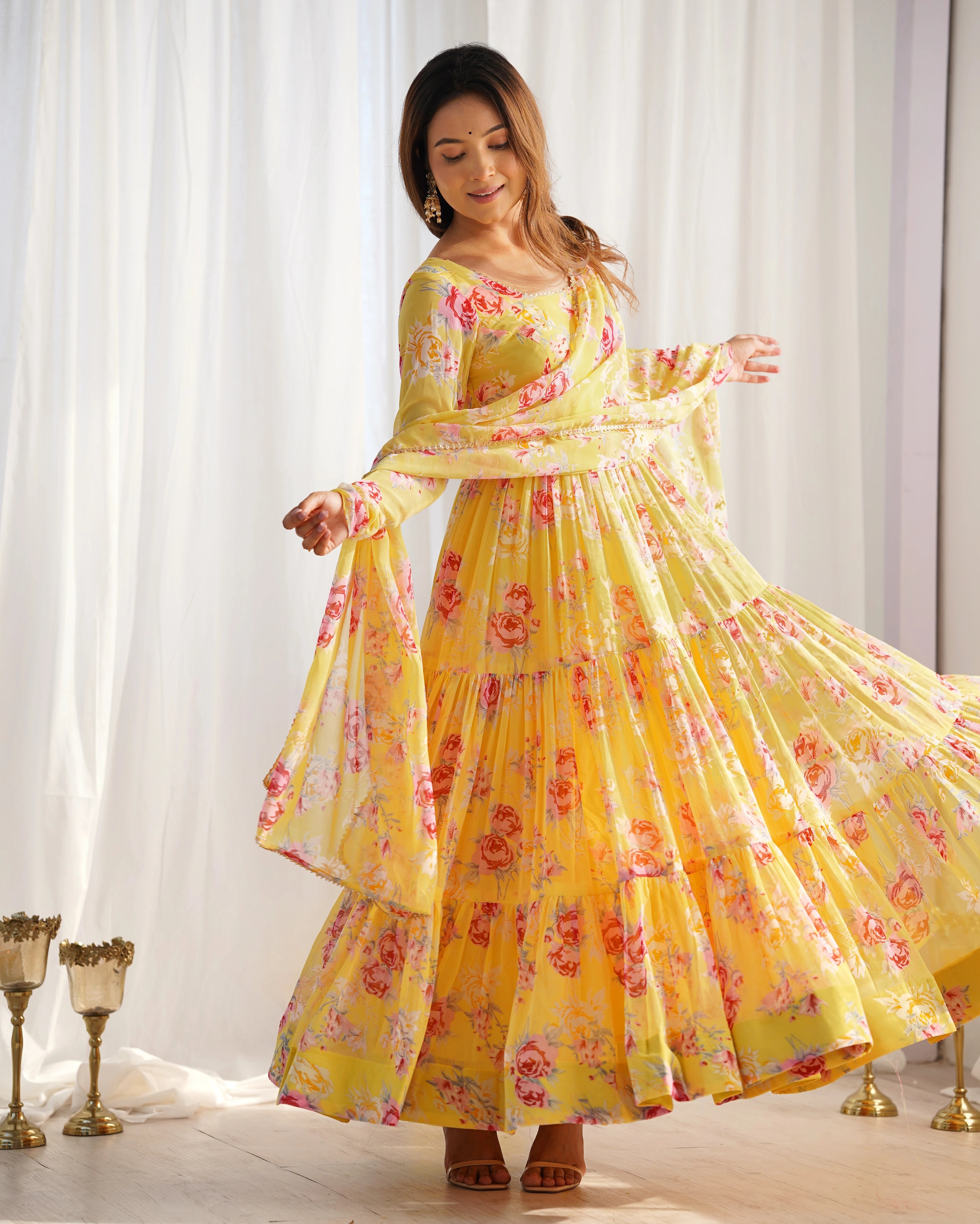 Yellow Floral Printed Fox Georgette Suit
