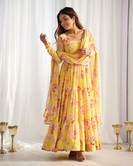 Yellow Floral Printed Fox Georgette Suit