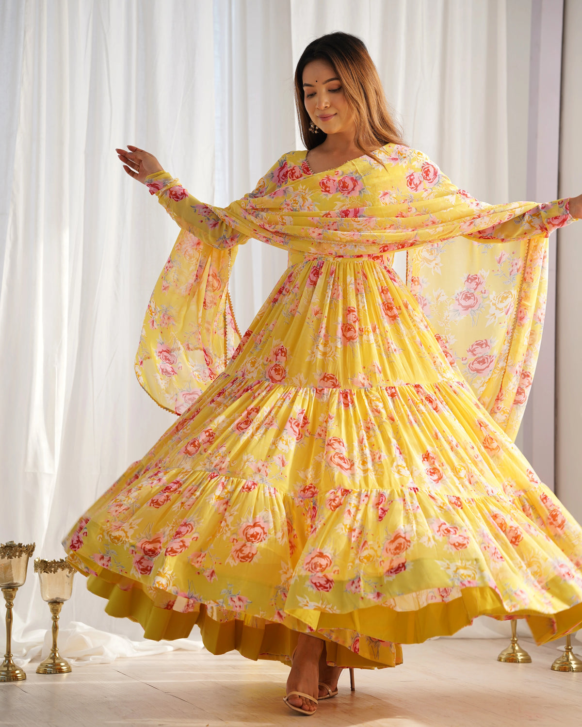 Floral yellow fox georgette suit set – Kalyanja.