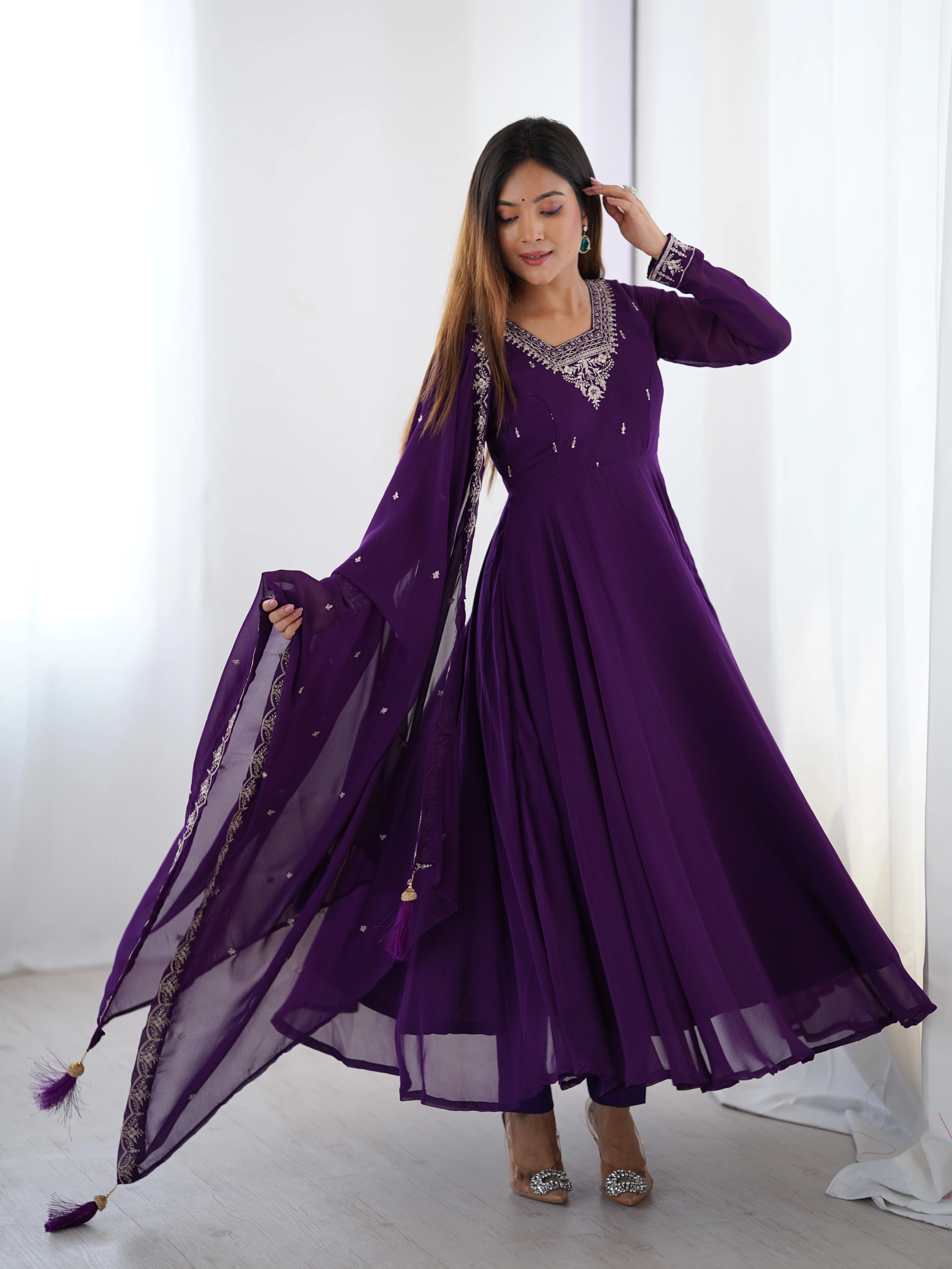 Purple Zari Embroidery Fox Georgette Suit