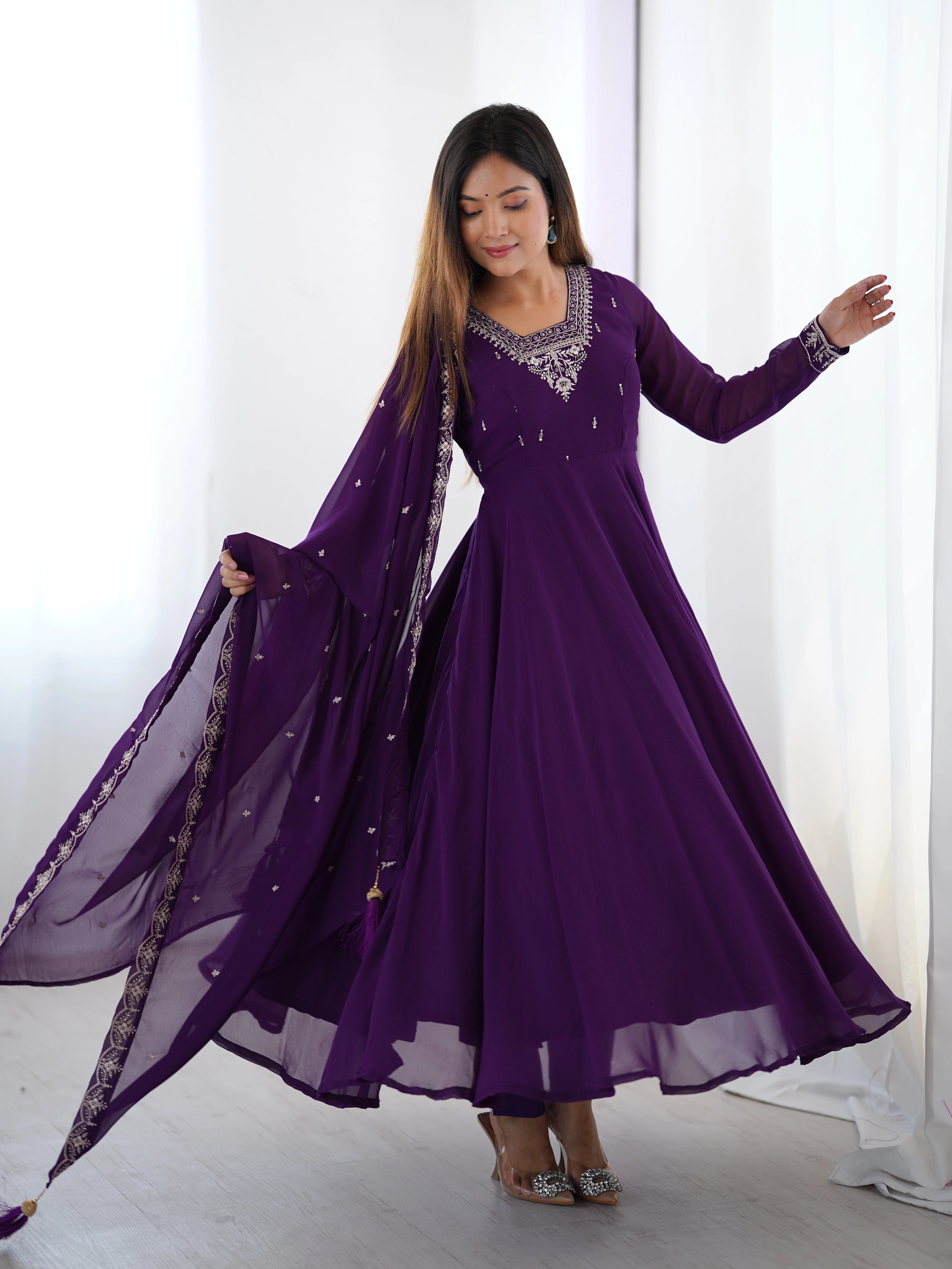 Purple Zari Embroidery Fox Georgette Suit