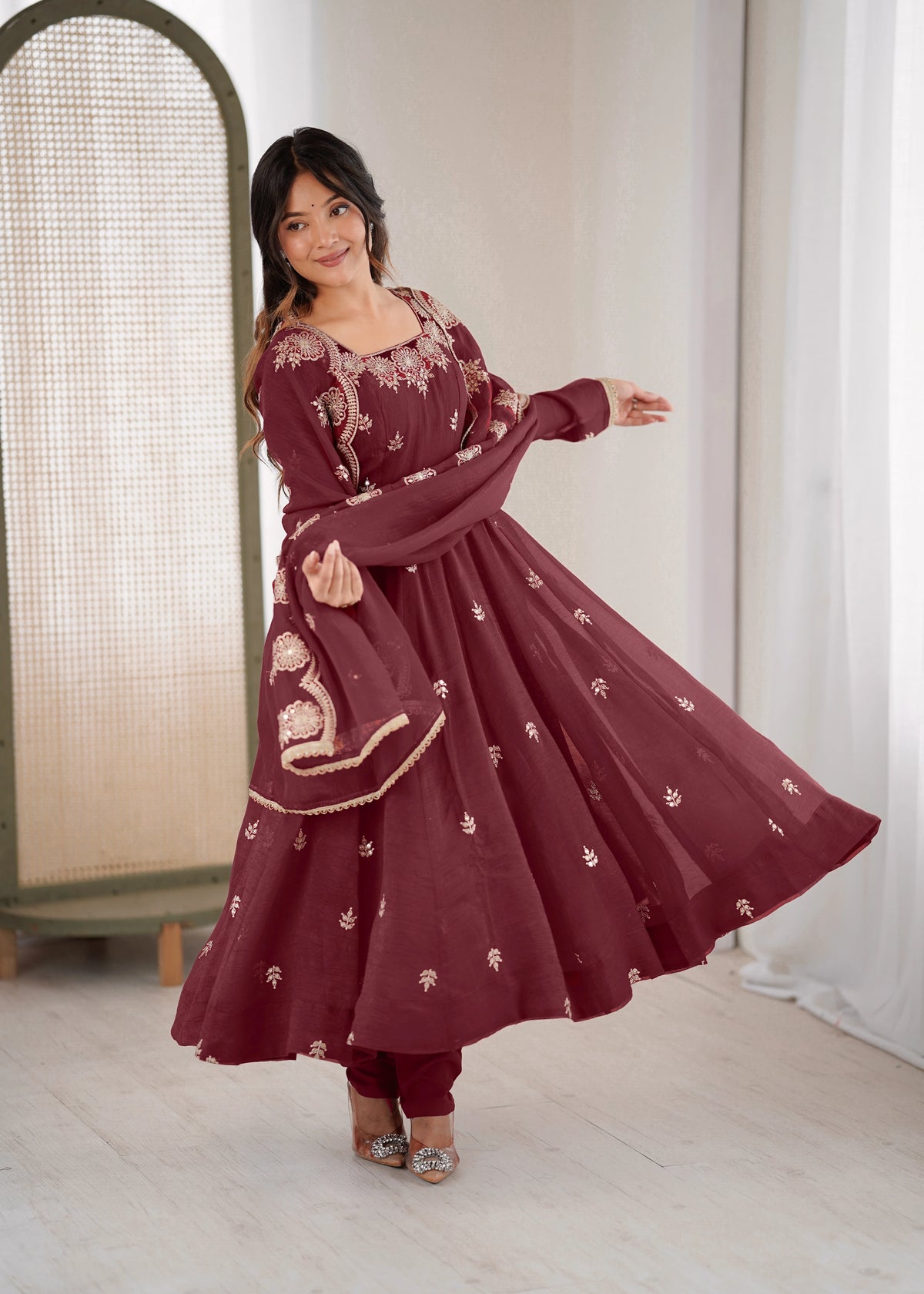 Dark Maroon Embroidery Sequins Work Roman Silk Gown