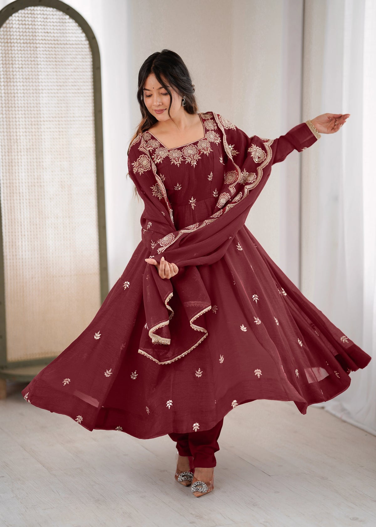 ark Maroon Embroidery Sequins Work Roman Silk Gown