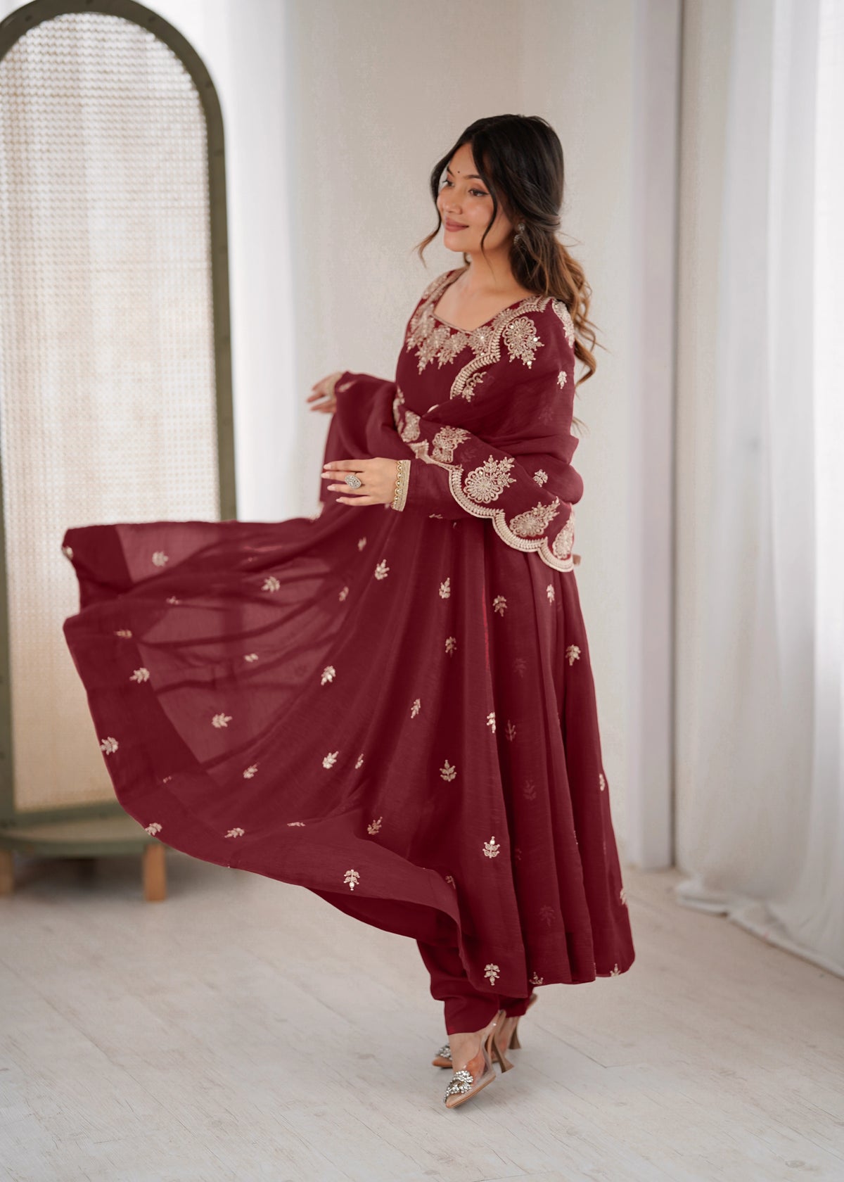 Dark Maroon Embroidery Sequins Work Roman Silk Gown