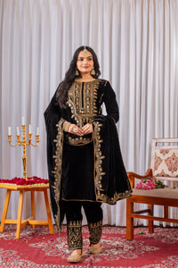 Black Sequins Embroidery Viscose Velvet Suit