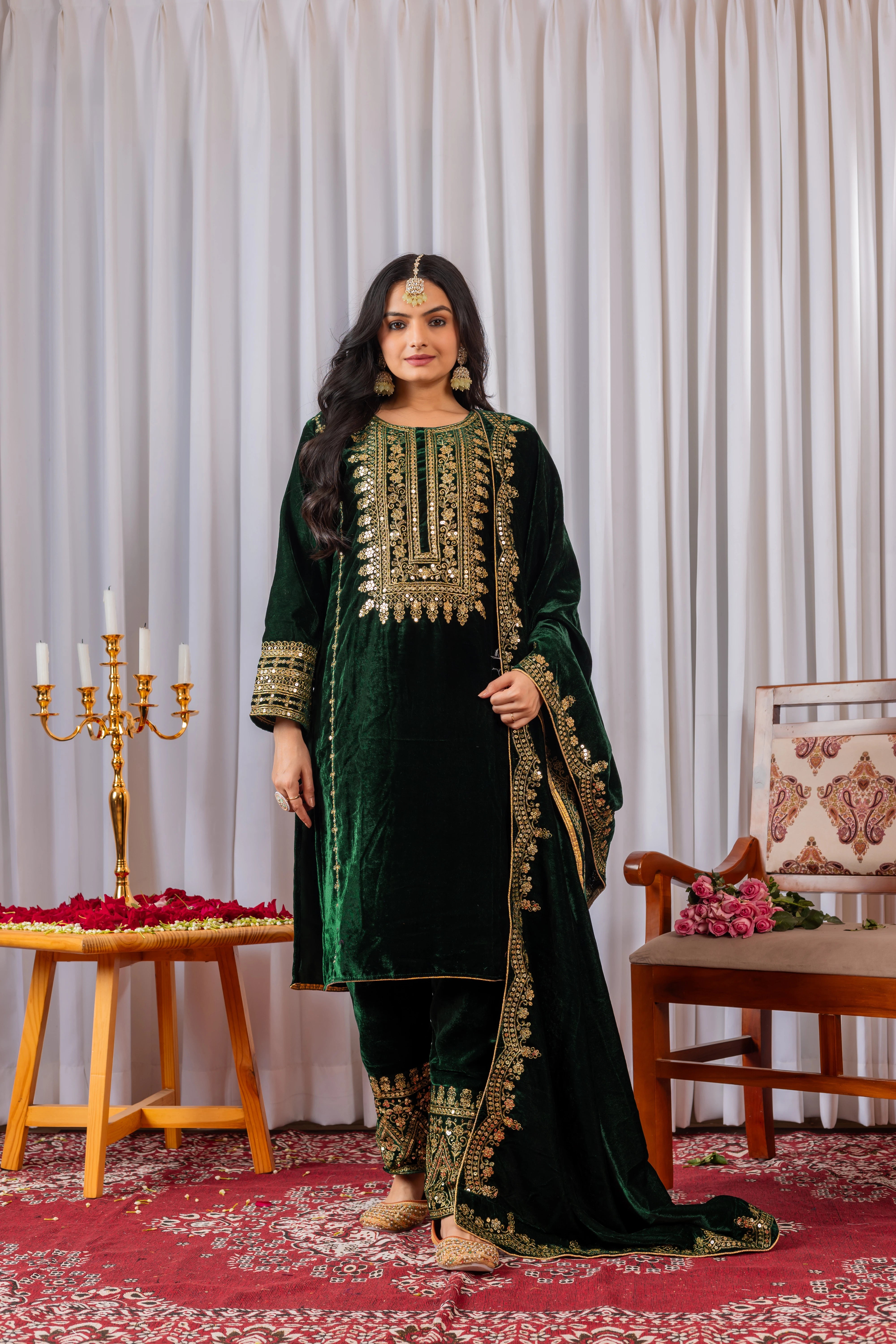 Green Sequins Embroidery Viscose Velvet Suit