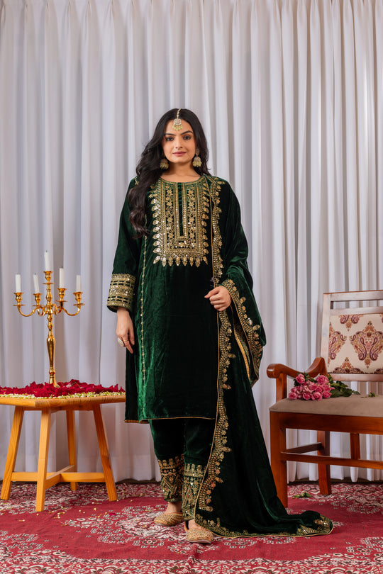 Green Sequins Embroidery Viscose Velvet Suit - kalyanja