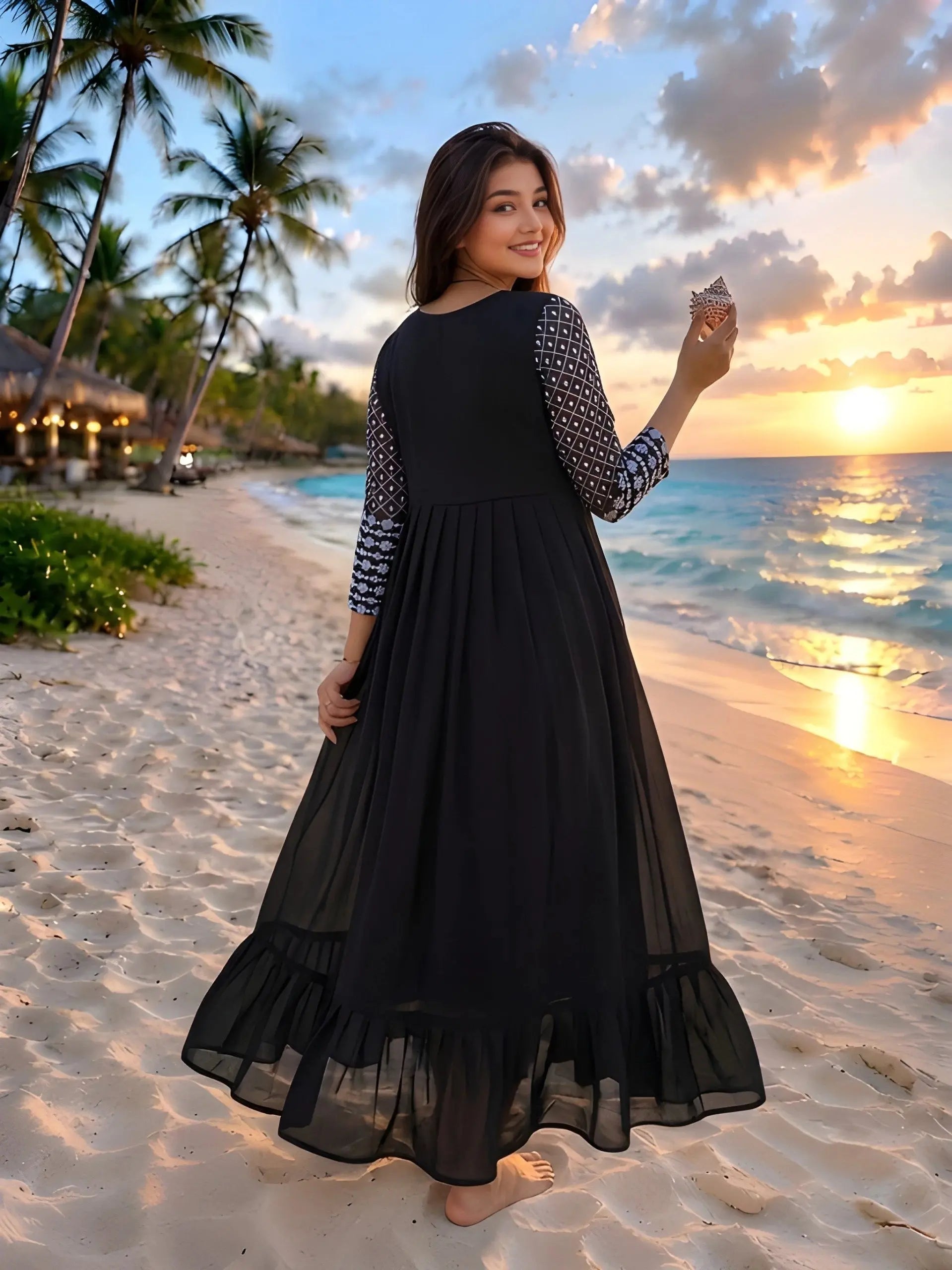 Black Embroidered Dress back view showing covered back design
