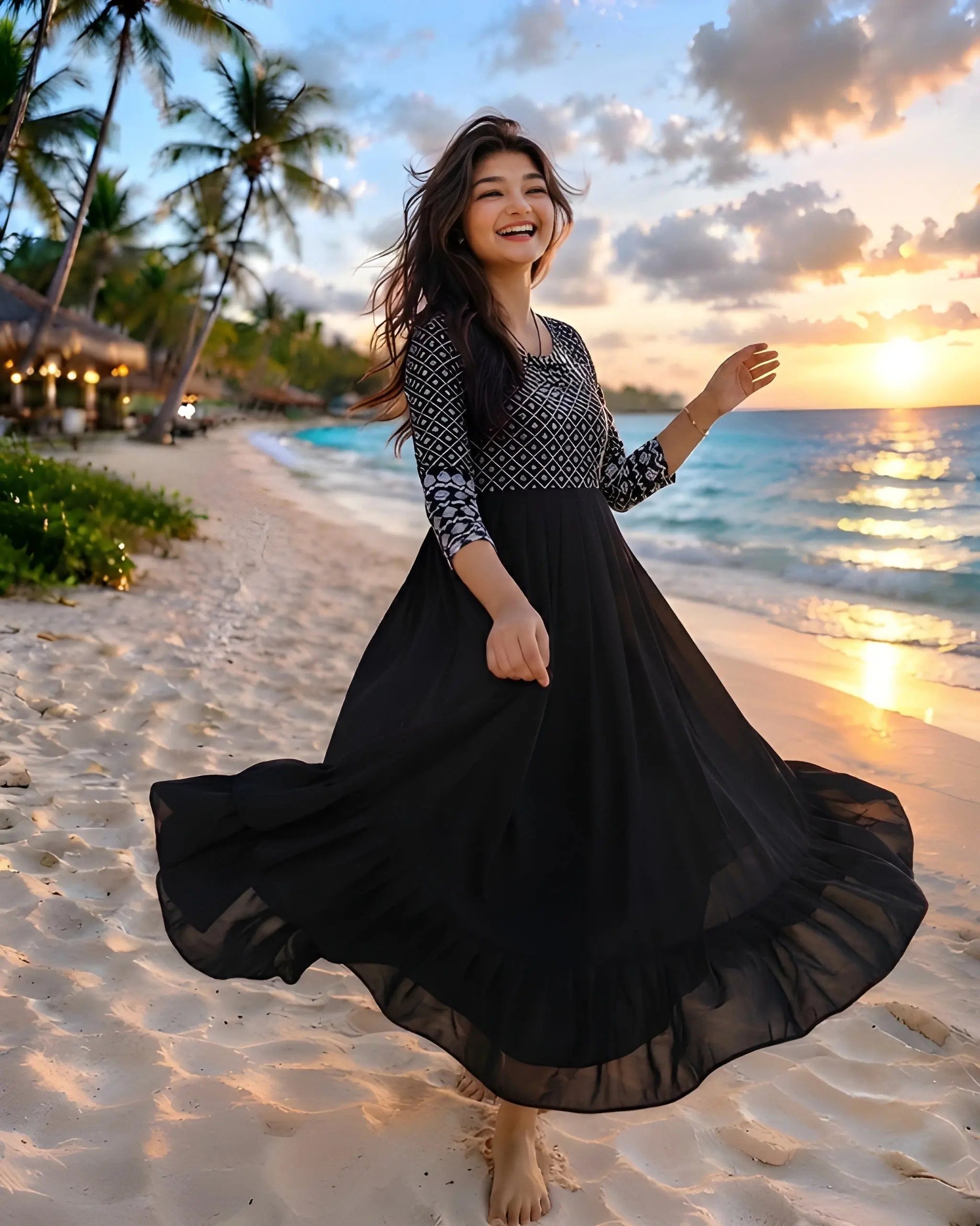 Black Embroidered Dress twirling silhouette showing flowing Georgette skirt
