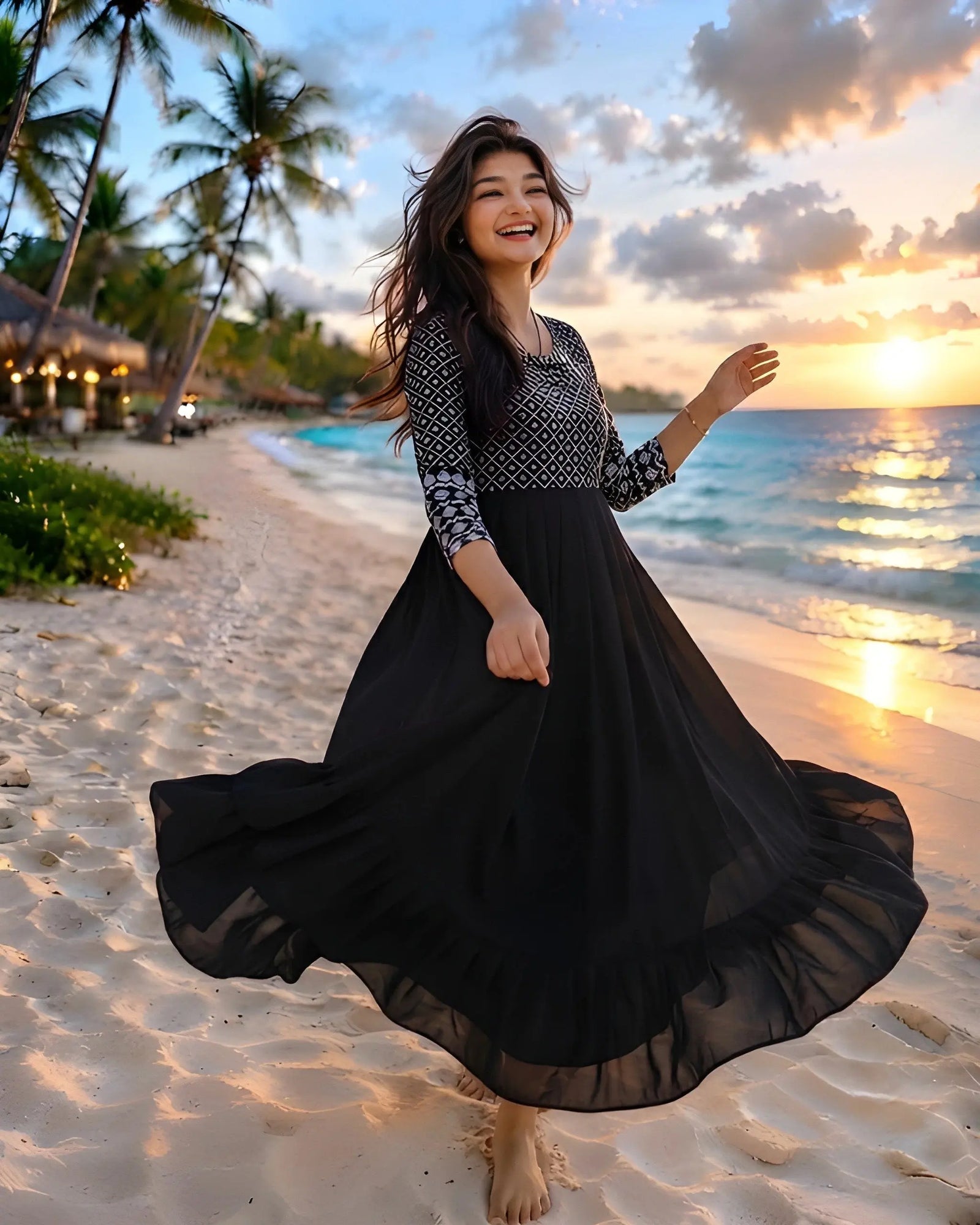 Black Embroidered Dress twirling silhouette showing flowing Georgette skirt