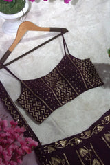 Wine Lehenga choli flat lay on hanger – geometric sequin diamond work, sleeveless crop choli
