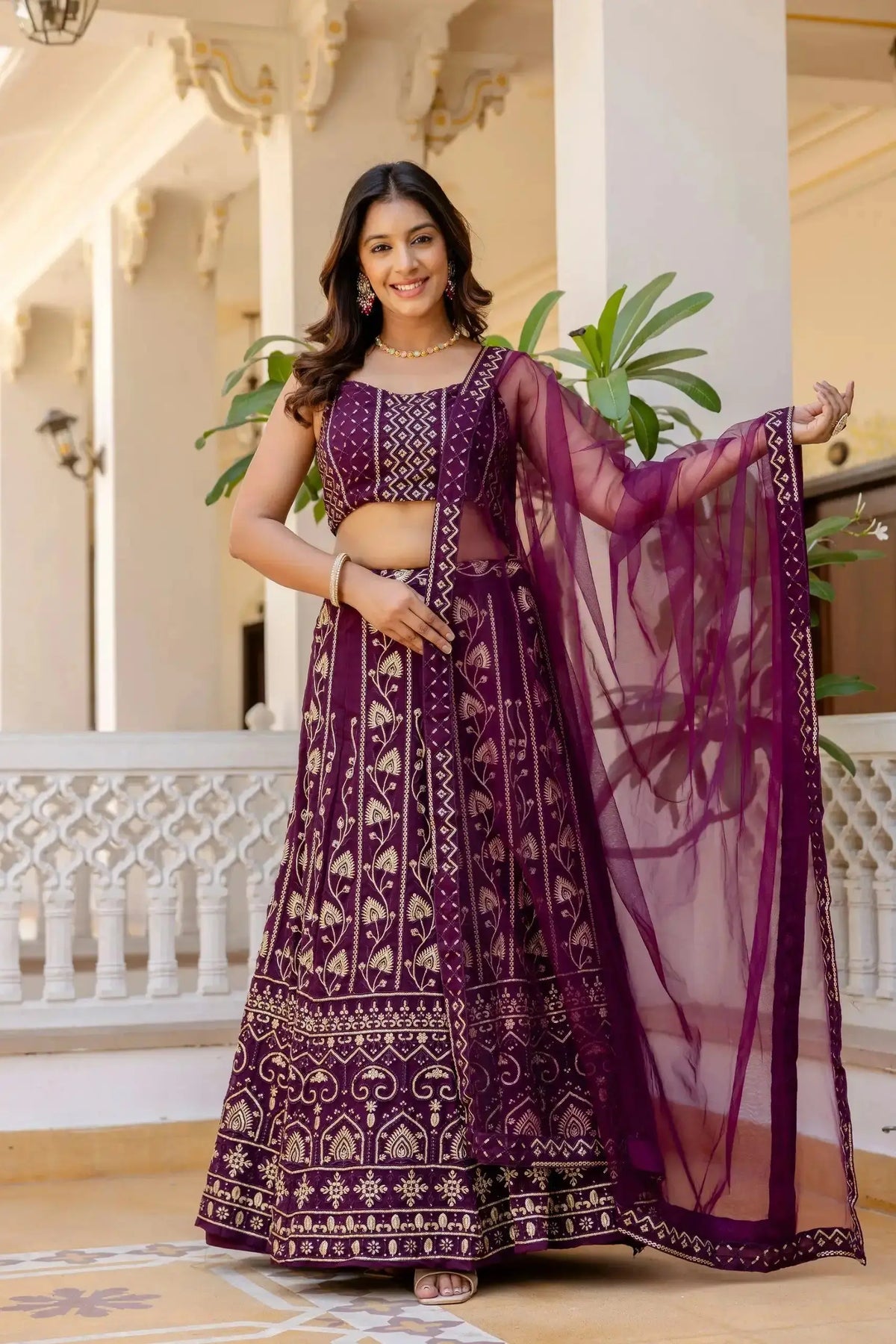 Wine Sequins Embroidered Lehenga with dupatta spread – 3 meter flair, sangeet and reception wear