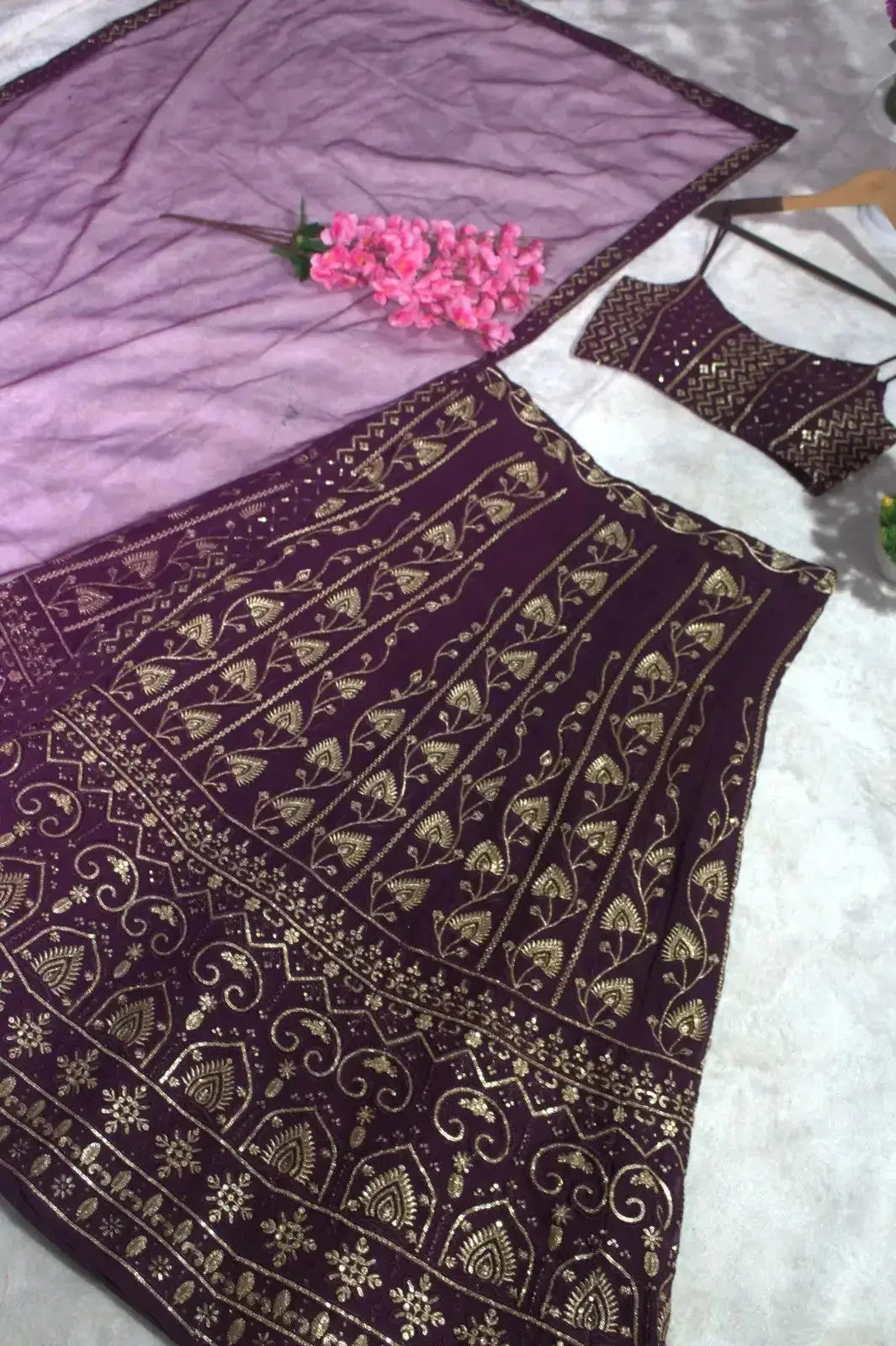 Wine Sequins Embroidered Lehenga flat lay – full set including lehenga skirt, choli and dupatta