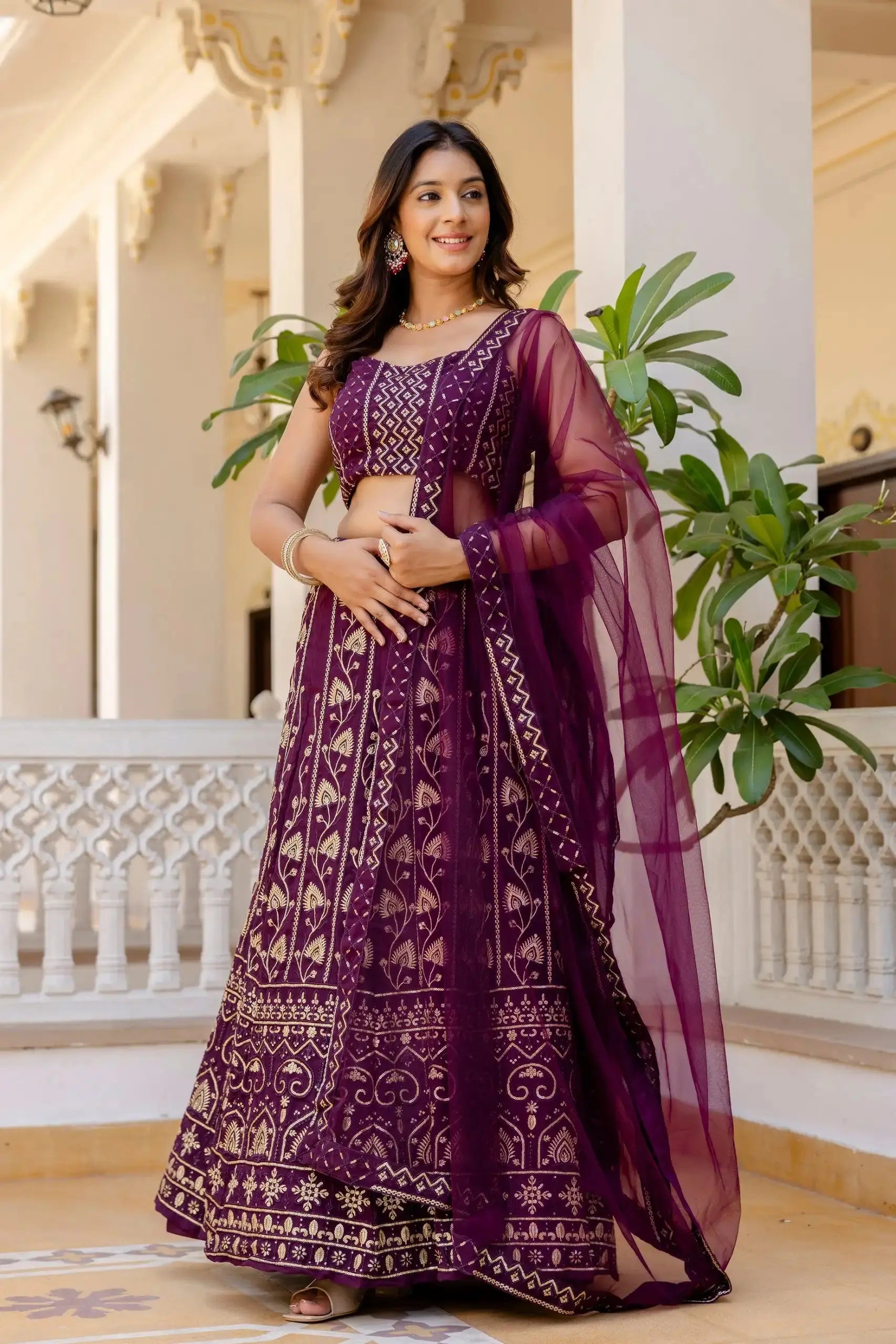 Wine Sequins Embroidered Lehenga three-quarter view with dupatta – deep wine georgette, gold floral embroidery