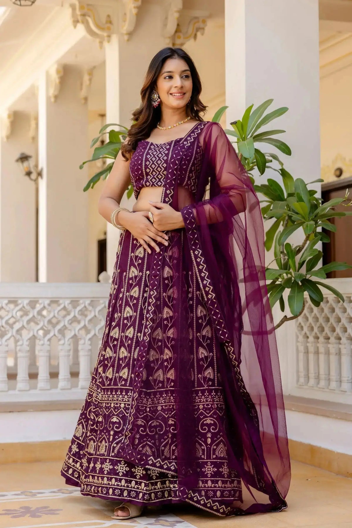 Wine Sequins Embroidered Lehenga three-quarter view with dupatta – deep wine georgette, gold floral embroidery