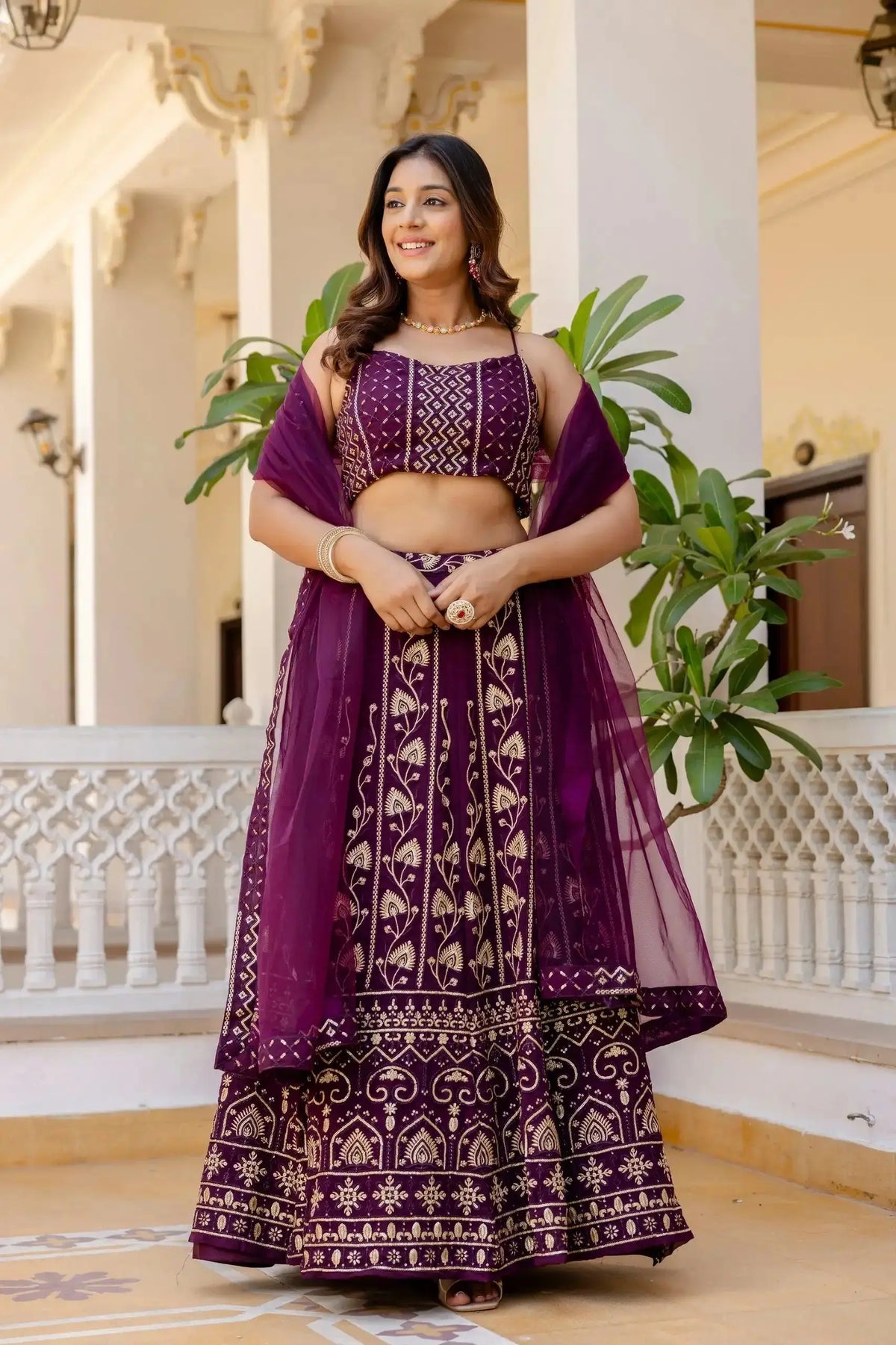 Wine Sequins Embroidered Lehenga front view – Georgette floral thread and sequin work, wedding party wear