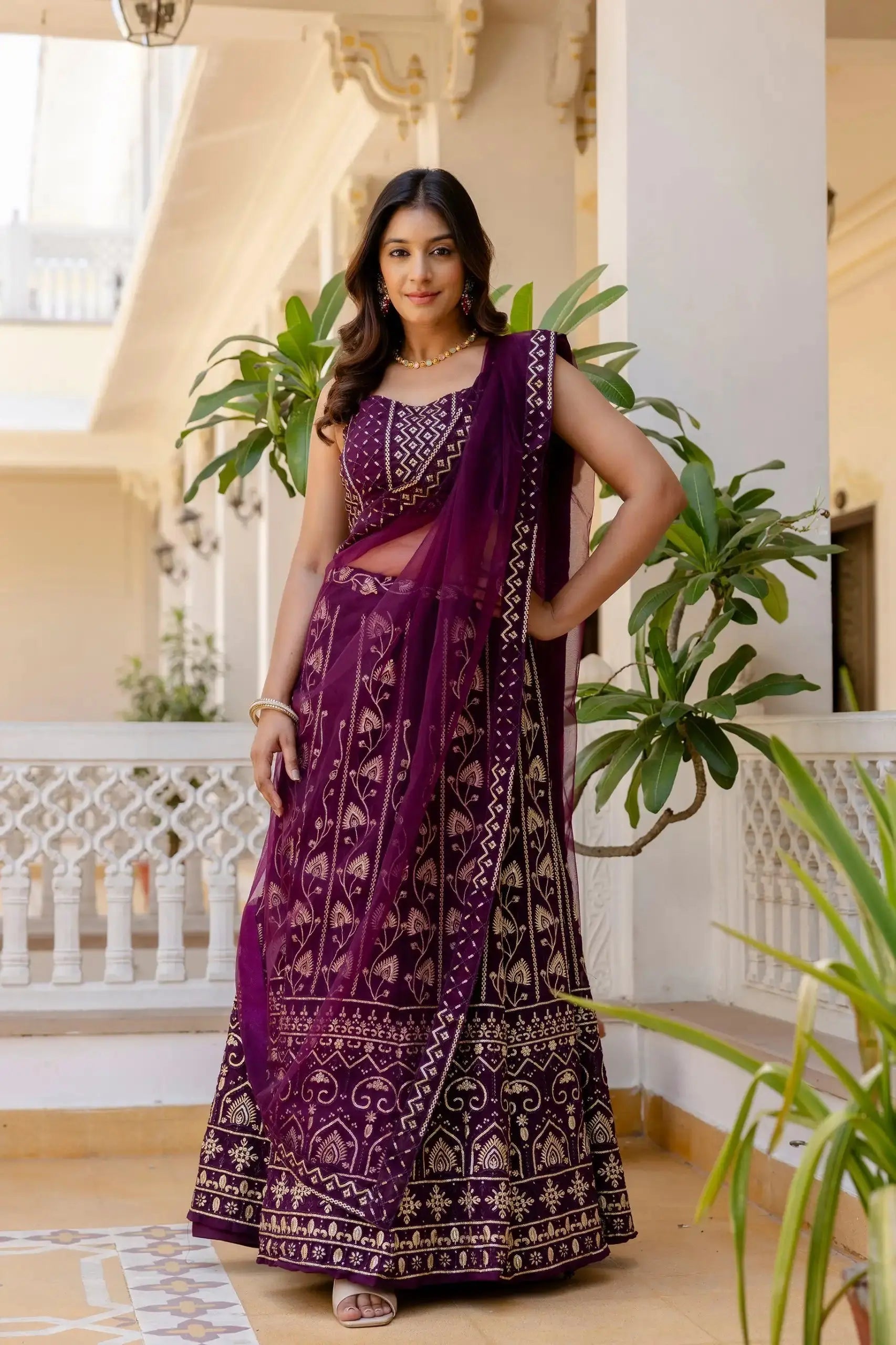 Wine Sequins Embroidered Lehenga full length view – Georgette skirt with heavy gold embroidered border