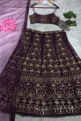 Wine Sequins Embroidered Lehenga hanging display – full lehenga skirt showing gold thread motifs and border detail