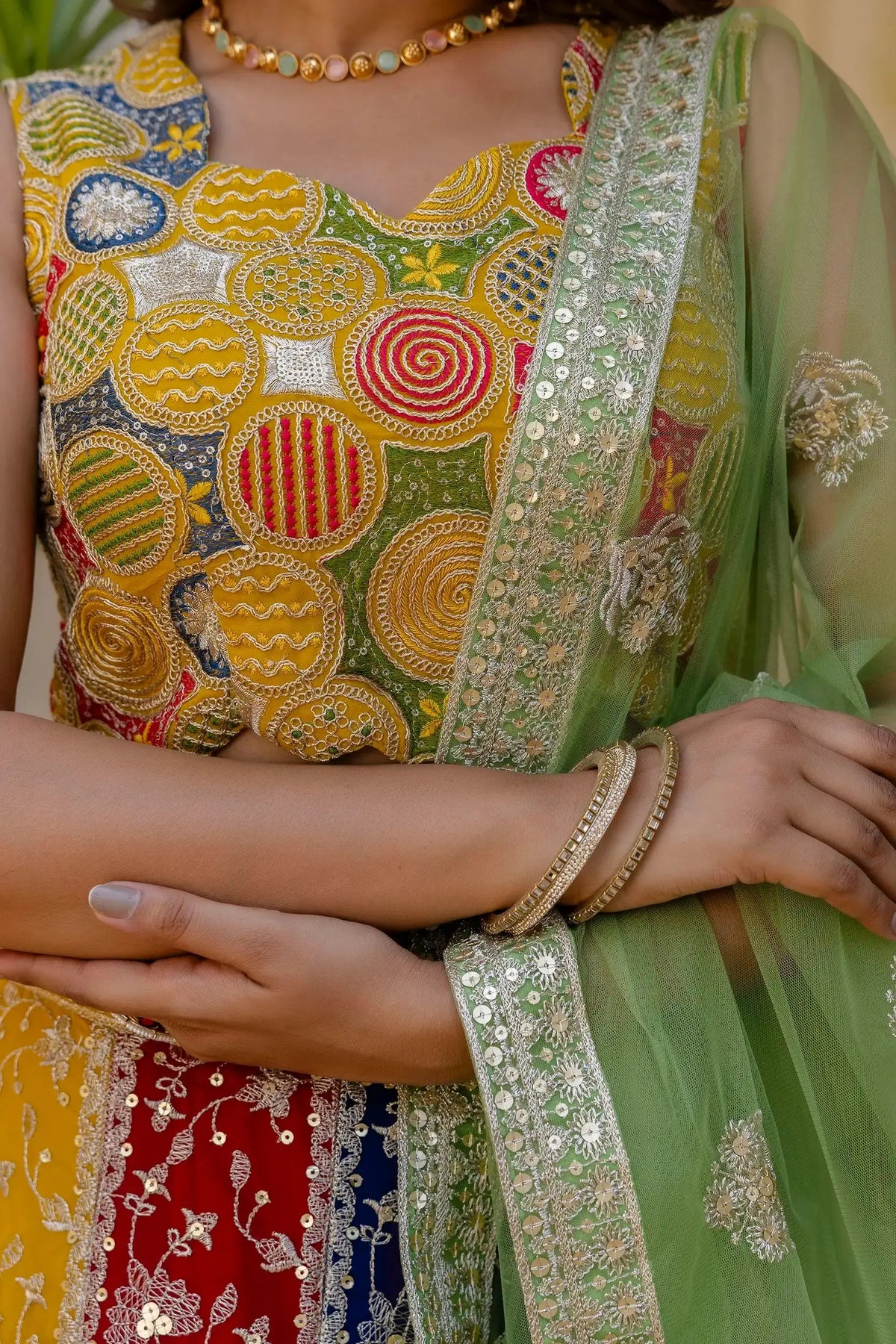 Multicolor Lehenga choli close-up – circular zardosi embroidery in yellow red green navy, sequin work detail