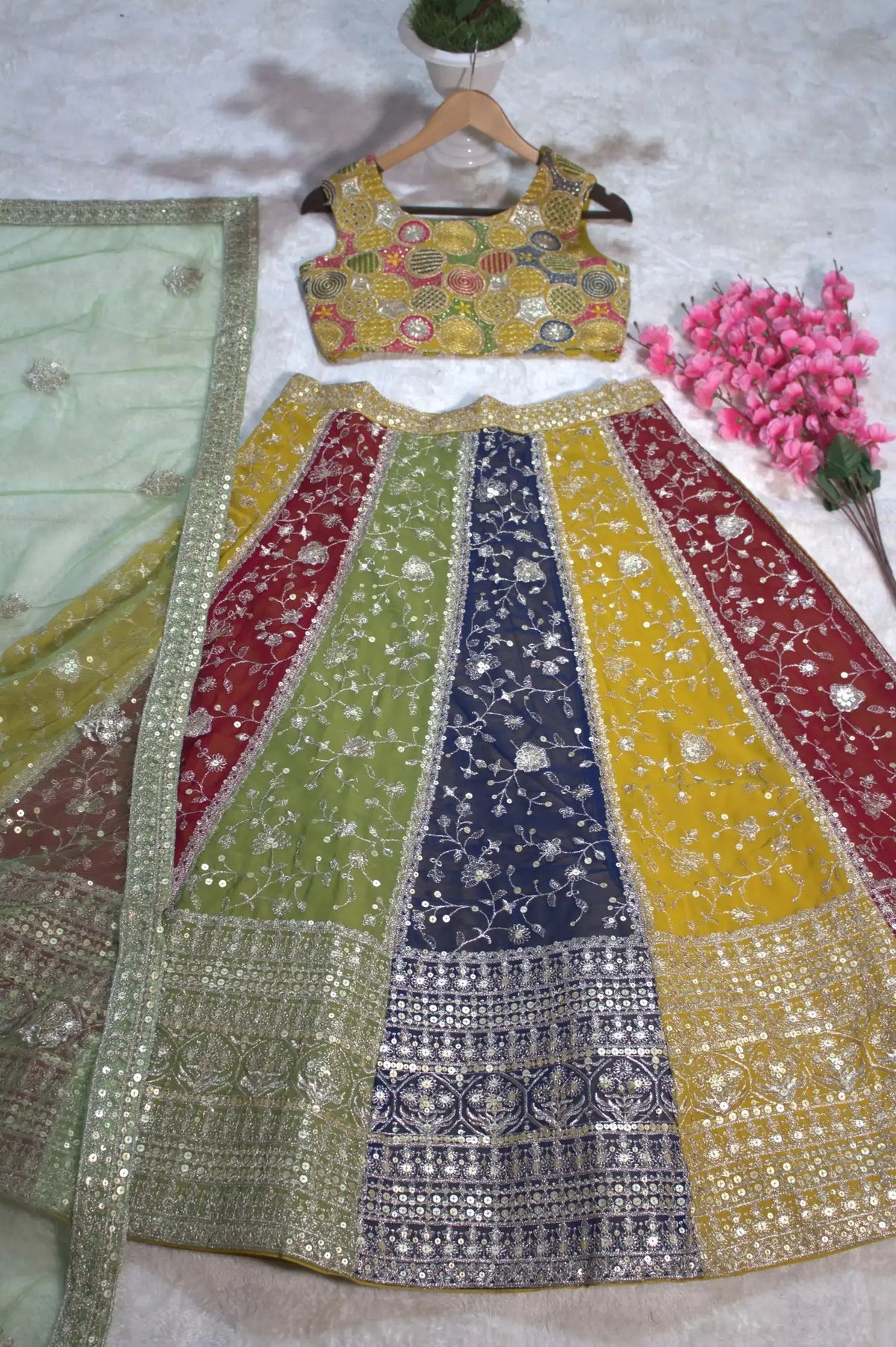 Multicolor Sequins Embroidered Lehenga flat lay – full set with choli, lehenga skirt and green dupatta