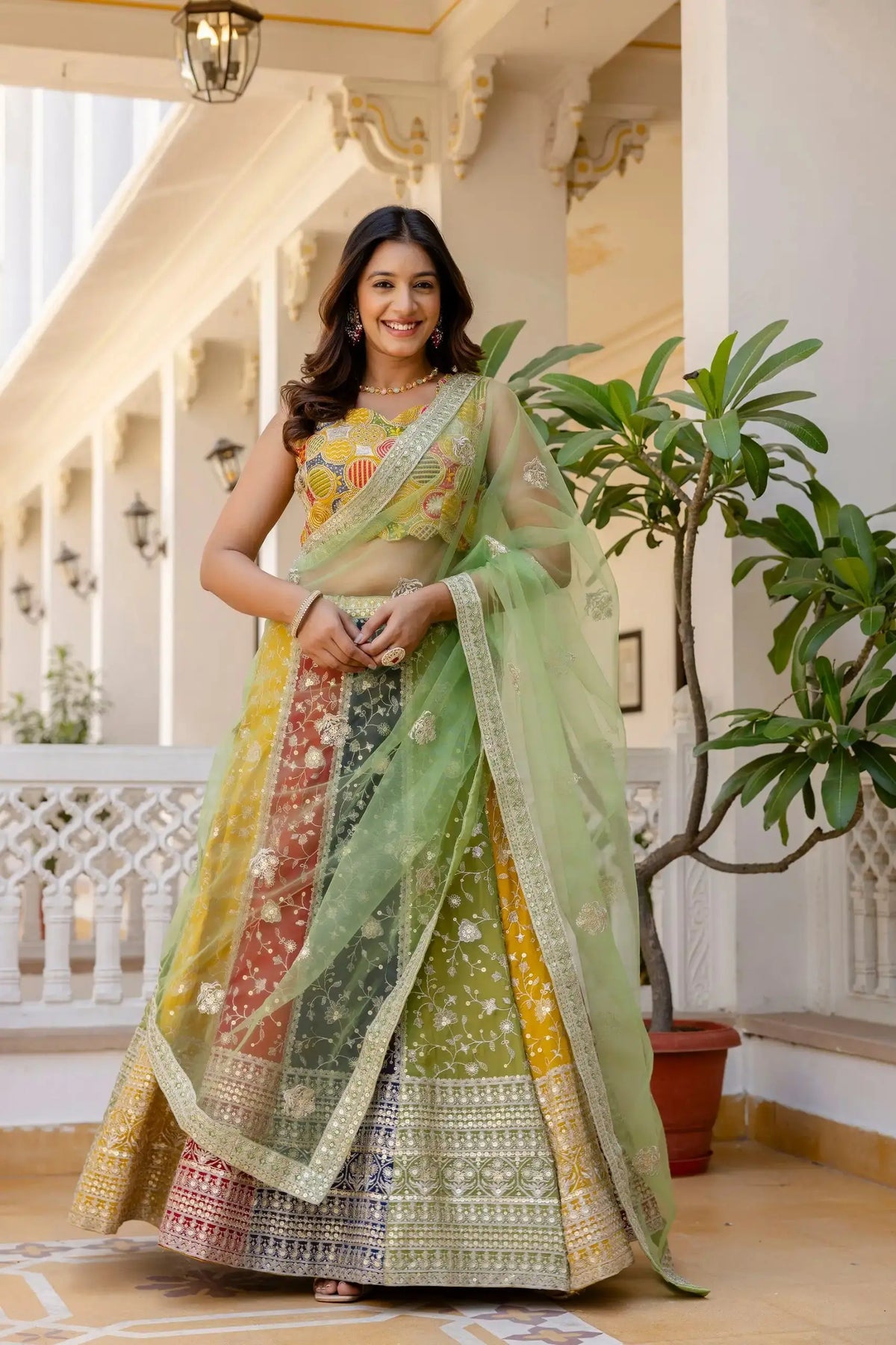 Multicolor Sequins Embroidered Lehenga full front with green dupatta – 4 meter flair, faux georgette panelled skirt