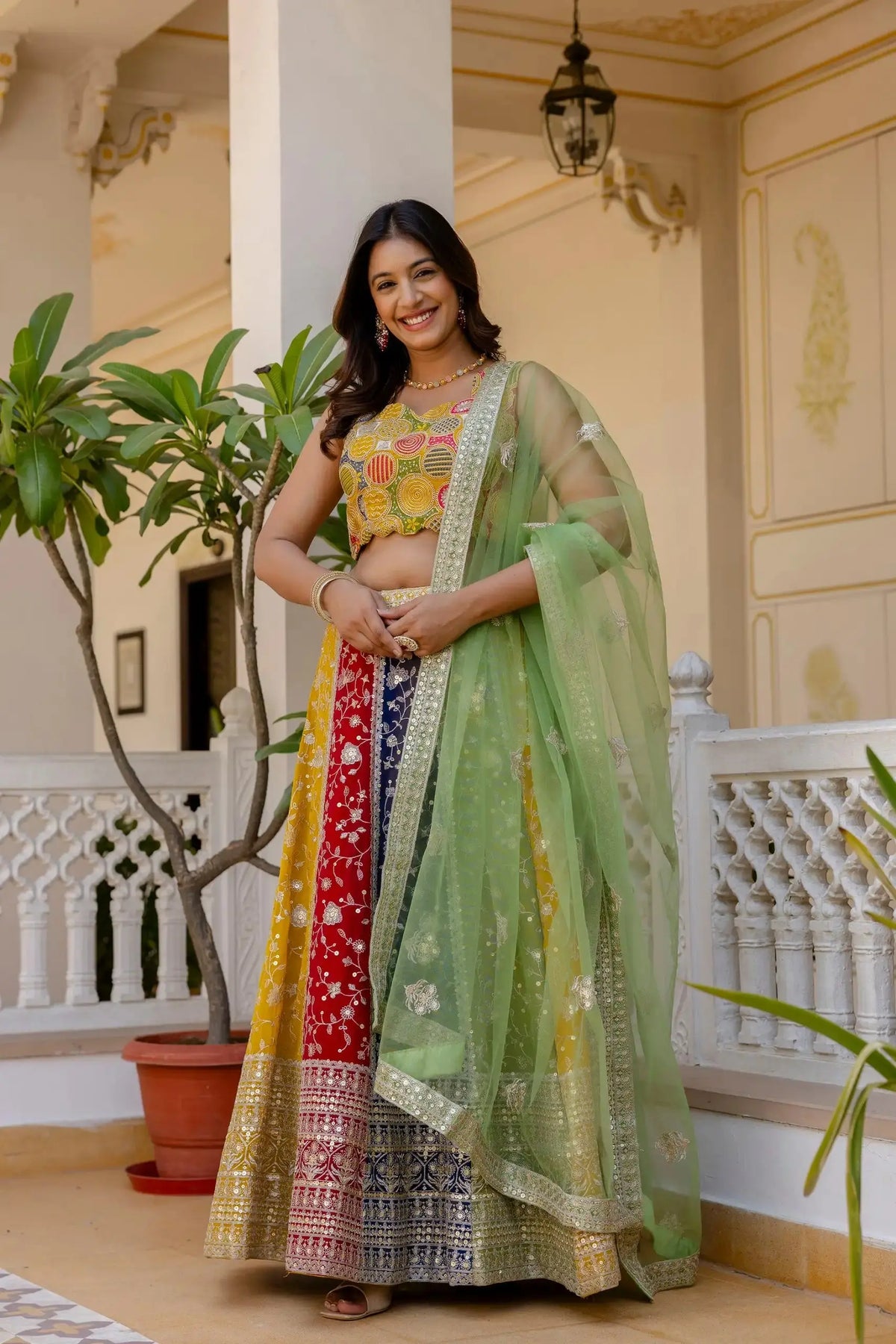 Multicolor Lehenga front view with dupatta on shoulder – festive and wedding wear, 4 meter flair