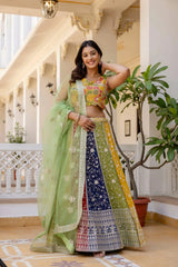 Multicolor Sequins Embroidered Lehenga front view – colorblock panels in yellow red navy green, sangeet and wedding wear