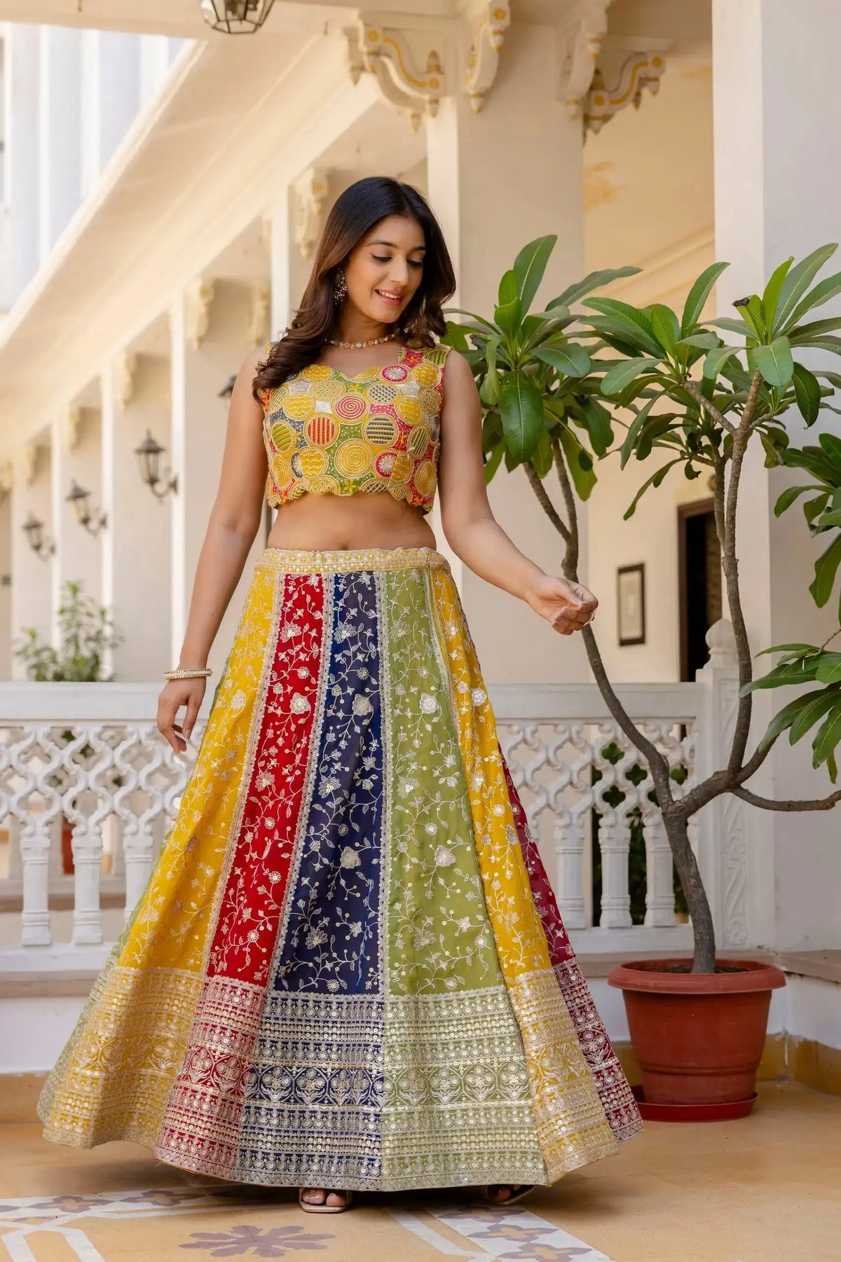 Multicolor Sequins Embroidered Lehenga showing skirt – panelled faux georgette with silver thread floral embroidery