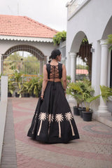 Black Gamthi Embroidered Lehenga – Flat lay of complete lehenga and choli set, product code KL148