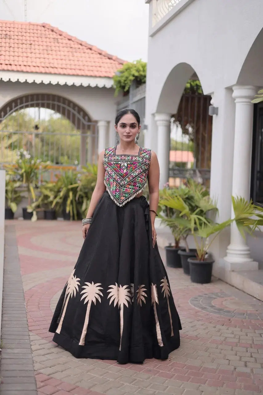 Black Gamthi Embroidered Lehenga – Front drape view showing Roman skirt flair and multicolour Gamthi choli with Gota & Lace Work