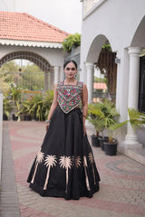 Black Gamthi Embroidered Lehenga – Front drape view showing Roman skirt flair and multicolour Gamthi choli with Gota & Lace Work