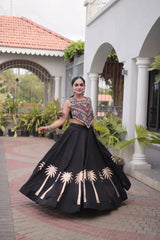 Black Gamthi Embroidered Lehenga – Full-length model view, Navratri and sangeet festive wear in Roman fabric