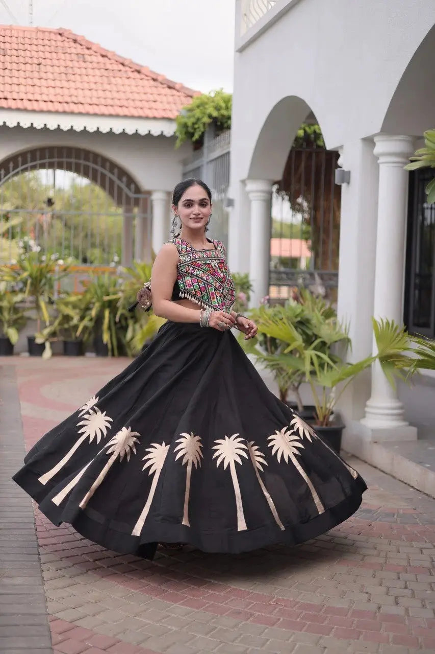 Black Gamthi Embroidered Lehenga – Side view showing 6-meter circular flair and embroidered choli detail
