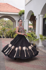 Black Gamthi Embroidered Lehenga – Side view showing 6-meter circular flair and embroidered choli detail