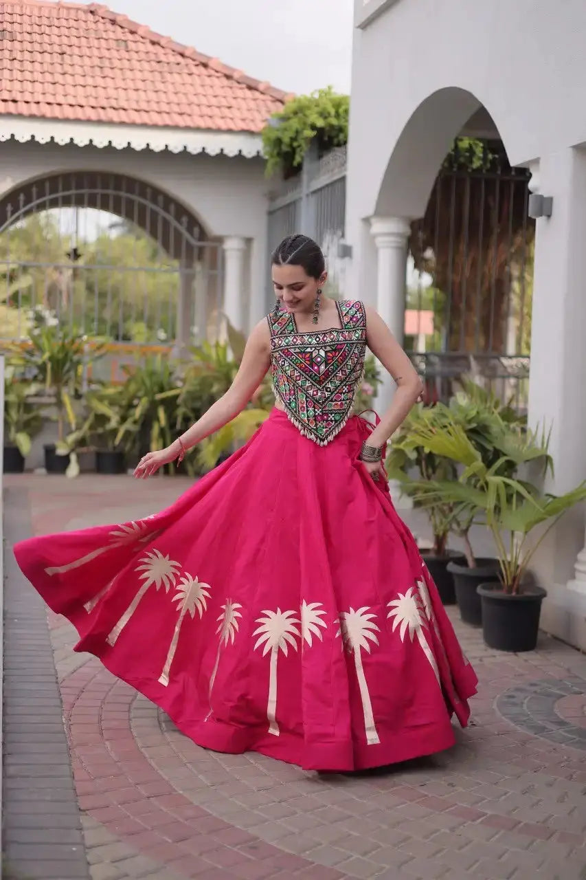 Dark Pink Gamthi Embroidered Lehenga – Flat lay of full lehenga and choli set, product code KL148