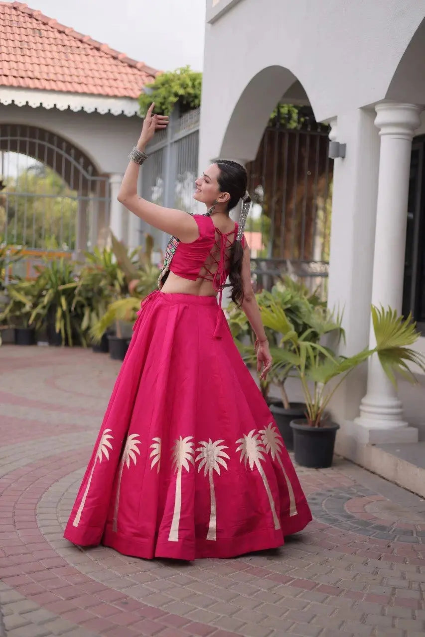 Dark Pink Gamthi Embroidered Lehenga – Full-length model view, Navratri festive wear in Roman fabric