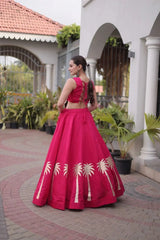 Dark Pink Gamthi Embroidered Lehenga – Model shot showing folk Gamthi choli with Square Neck and Sleeveless design