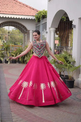 Dark Pink Gamthi Embroidered Lehenga – Canvas stitch circular lehenga with 42-inch length, 1.05 kg